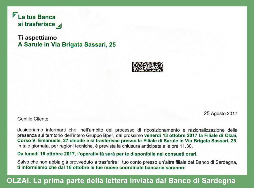 Olzai Chiusura Filiale Banco Di Sardegna Arrivano Le Lettere Ai Clienti Olzaesi Da Venerdi 13 Ottobre Il Paese Rimarra Senza Banca