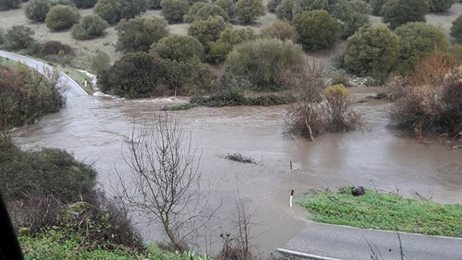 La strada tra Oniferi e Orotelli sommersa dalle acque de su Ribu Mannu